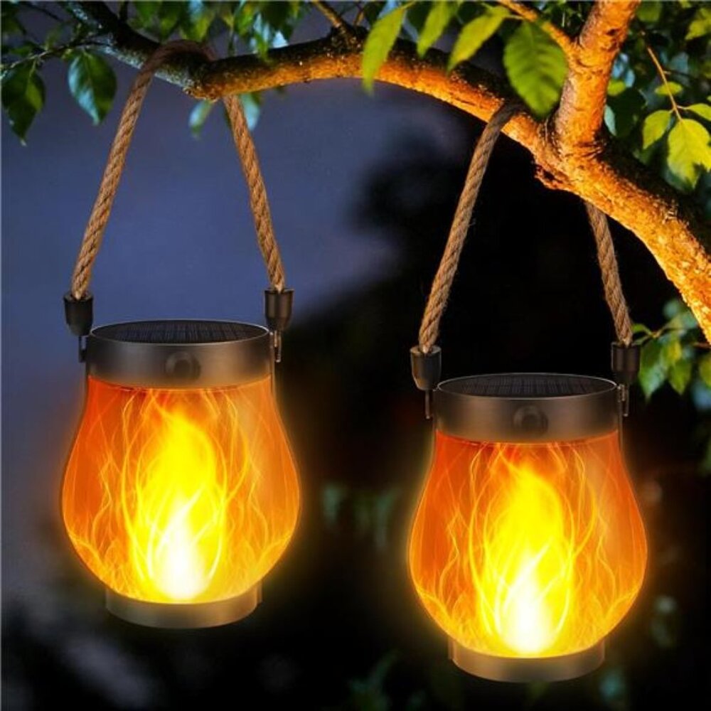 Solar Flame Lanterns Outdoor Hanging Waterproof 2 Pack Garden Yard Decor